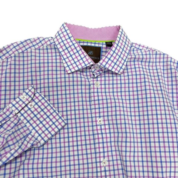 Tattersall London Pink Blue Plaid Check Spread Collar Dress Shirt Size 17 34/35 - Picture 1 of 9